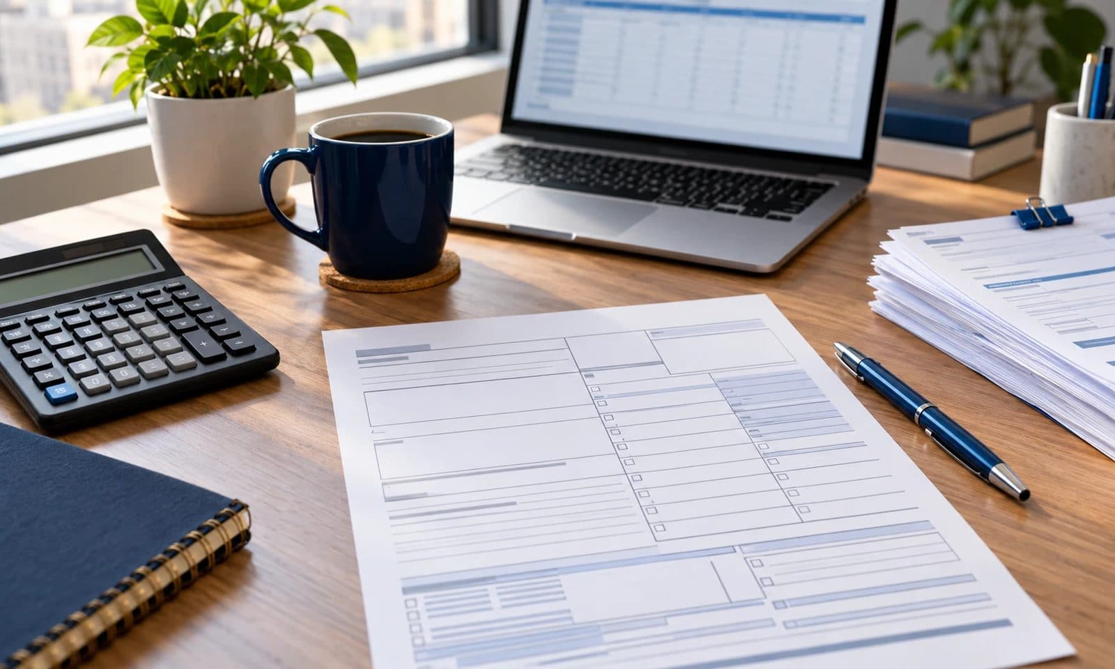A blank tax form, a calculator, a navy notebook, a blue pen and a coffee mug on a wooden office desk beside a laptop showing a spreadsheet.