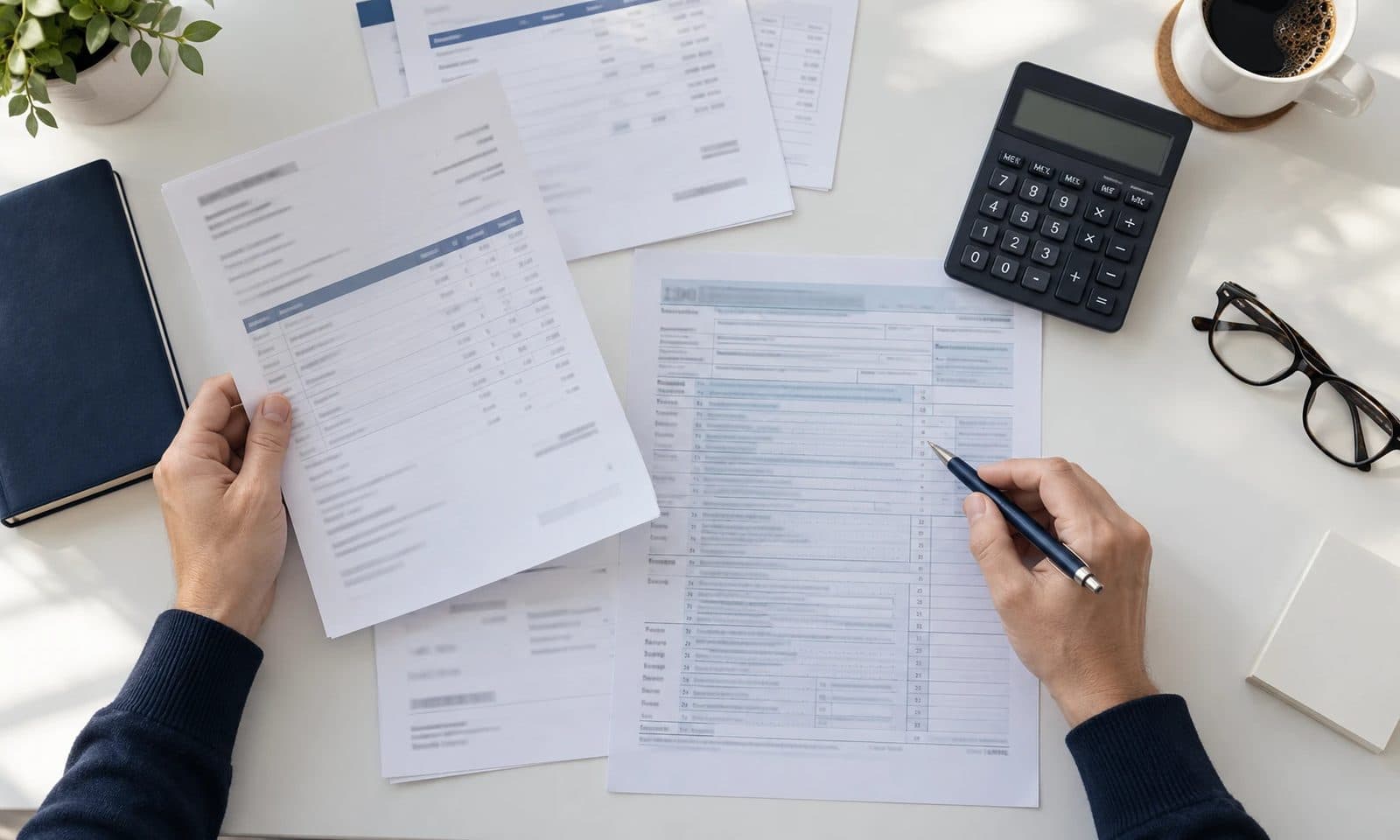 Overhead view of hands reviewing a tax return and invoices on a white desk with a calculator, glasses and coffee.