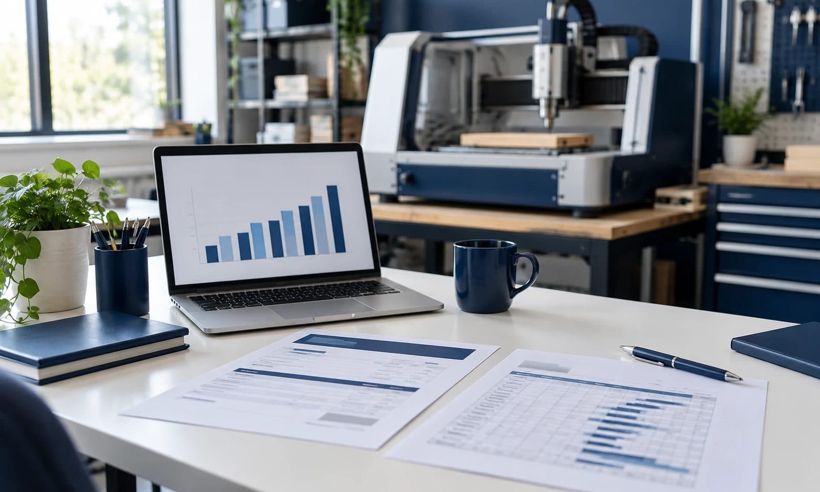 A desk with an equipment invoice, a depreciation schedule and a laptop chart in front of a CNC machine in a small workshop.